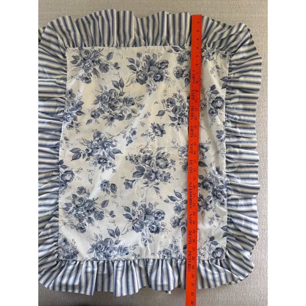 Set of 2 CROWN CRAFT PILLOW SHAMS STANDARD WHITE & BLUE Floral Stripes Ruffle